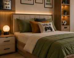 Modern Wooden Kids Bed with Warm Neutral Bedroom Layout, Study Corner & Smart Storage Design
