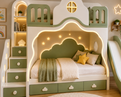 Modern Sage Green Kids Loft Bed with Slide, Storage Stairs, Cloud Headboard, LED Lighting and Playful Bedroom Design