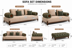 Imperia Verde Luxury Contemporary Upholstered Sofa Set with Tufted Olive Leather Bolster Armrests, Premium Textured Fabric Seating, Solid Wood Base, and Designer Ottoman for Modern Living Rooms