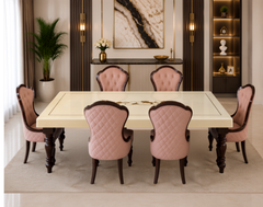 Royal Blush Marble Luxe 7 Seater Dining Table Set with Premium Upholstered Quilted Chairs & Classic Solid Wood Carved Base
